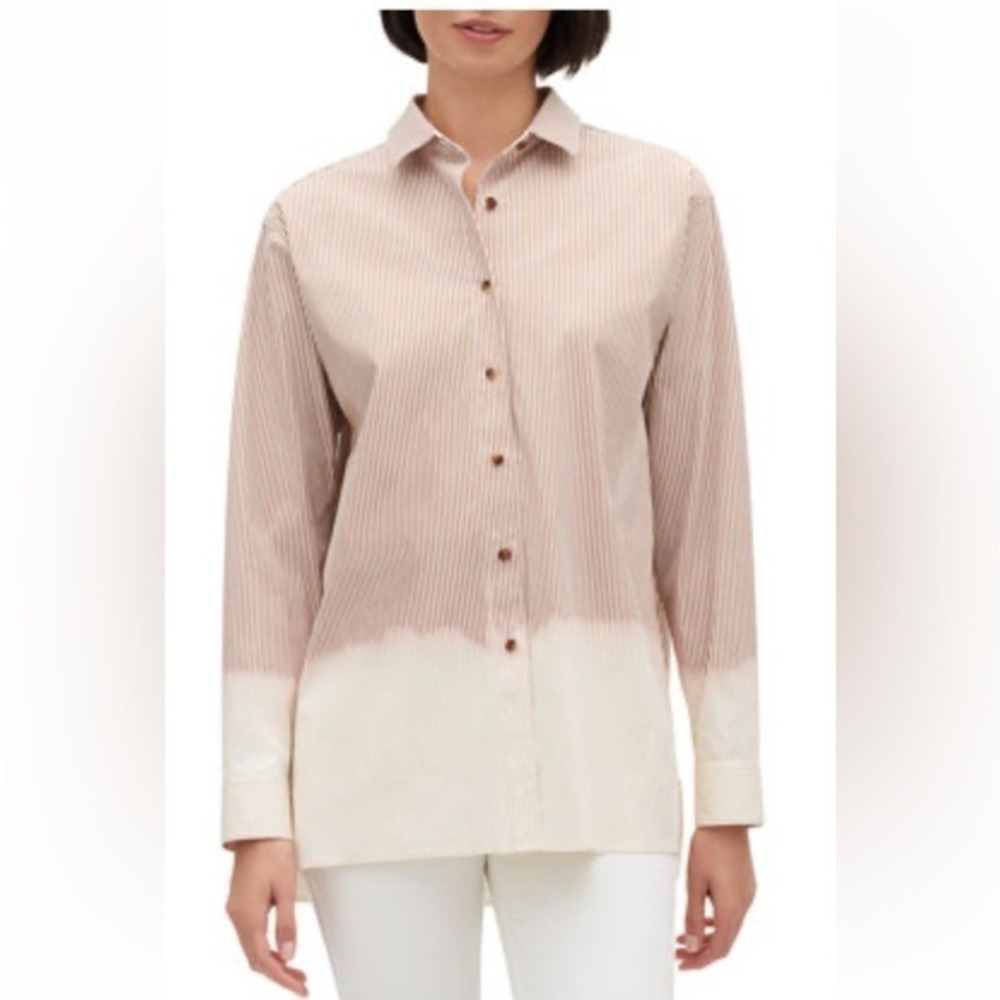 Lafayette 148 Button Down Women XS‎ Brown Pinstripe Ombre Long Sleeve Shirt
